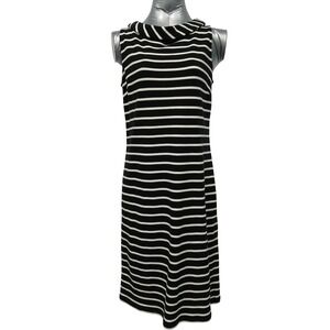 NEW Talbots Mockneck Knit Shift Dress Med Black White Stripe Cotton Knit Costal